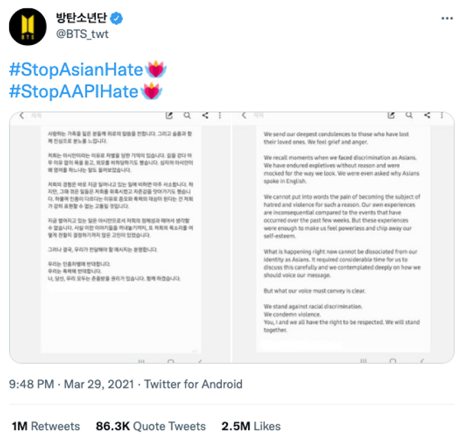BTS tweet speaking out against anti-Asian hate 