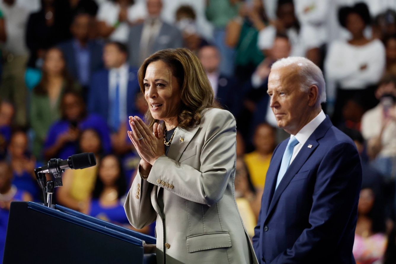 Vice President Kamala Harris and President Joe Biden appearing at an event in Maryland