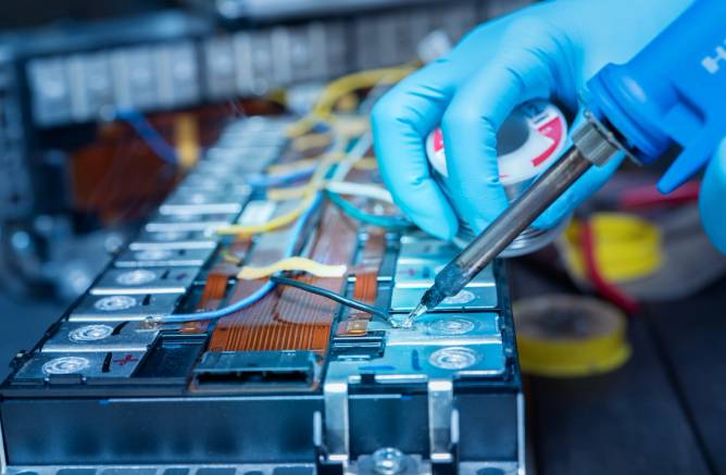 A technician uses a soldering iron to solder metal and wire of lithium-ion rechargeable battery. 