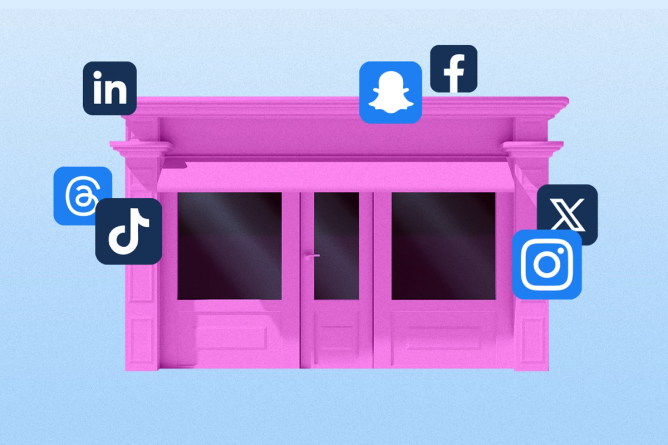 A retail storefront surrounded by social media icon logos on a field of blue