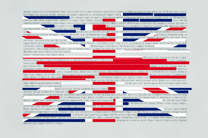 UK flag superimposed over a document with redacted text