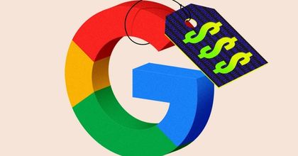 Illustration of the Google logo with a price tag connected to the top of it displaying three $ signs