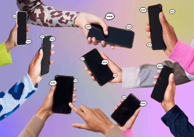 hands holding mobile phones with "..." text bubbles around them