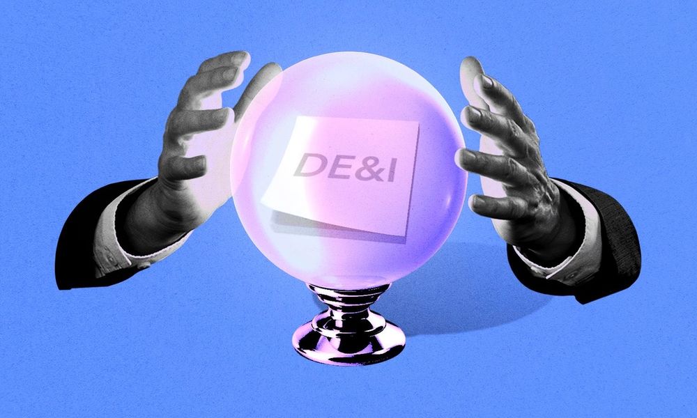 A crystal ball with the letters 'DEI' inside and hands hovering over the ball