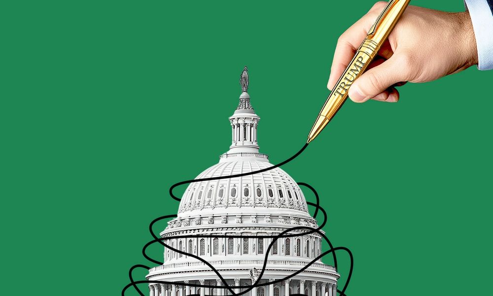 A hand holding a gold Trump ben traces lines around the Capitol building.