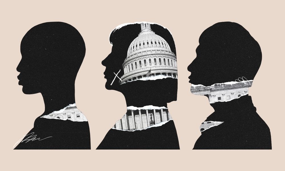 Three shadows of heads with the US Capitol building portrayed in them