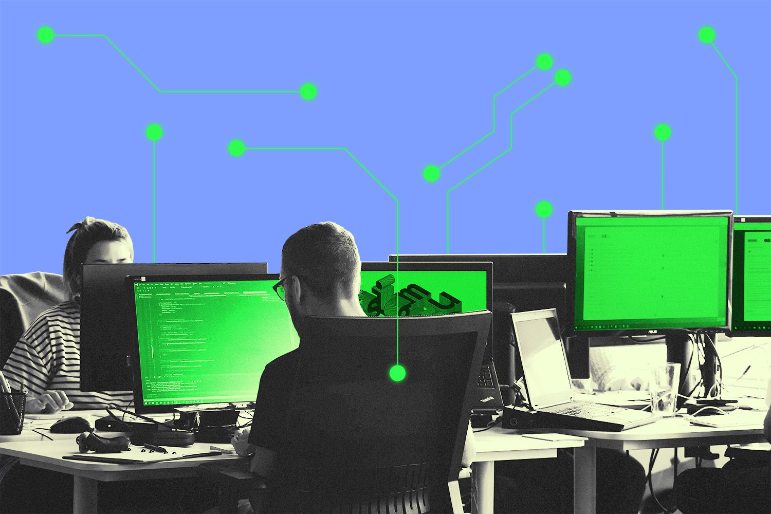 Workers in an office space with surrounded AI patterns.