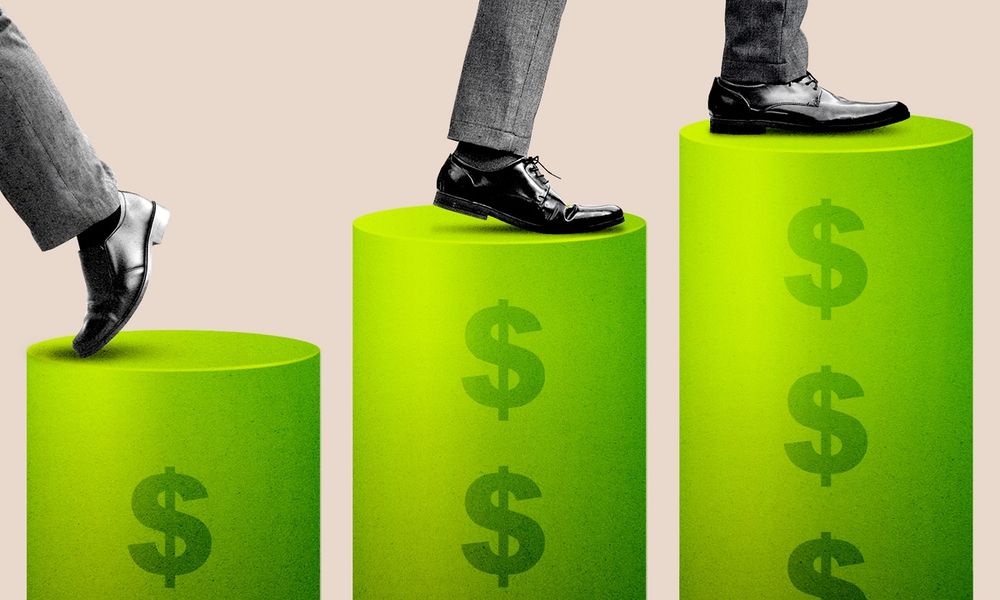 Close up of business shoes walking up an increasing height of podiums with dollar signs. (Credit: Illustration: Anna Kim, Photos: Adobe Stock)