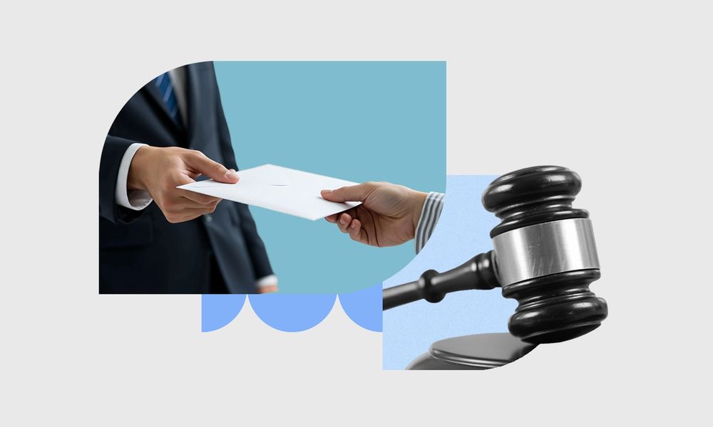 A side-by-side graphic of a gavel and a close-up image of hands passing a white business envelope
