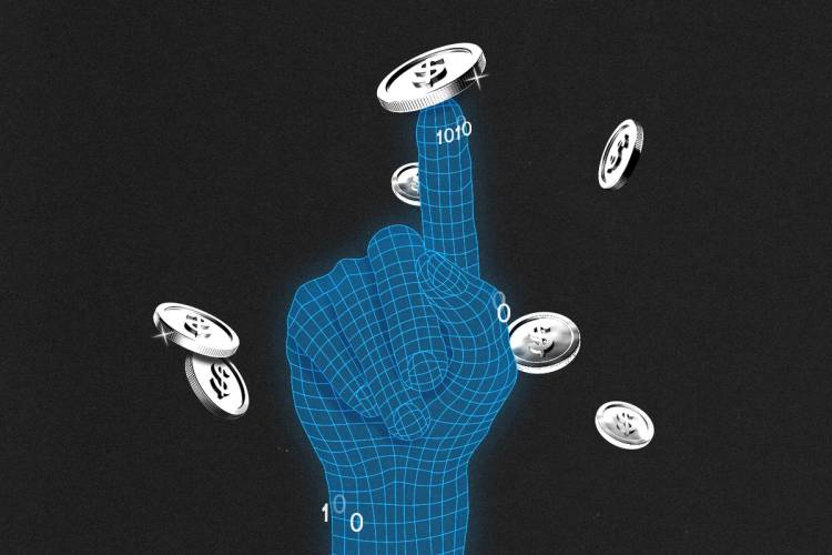 AI hand touching floating coins