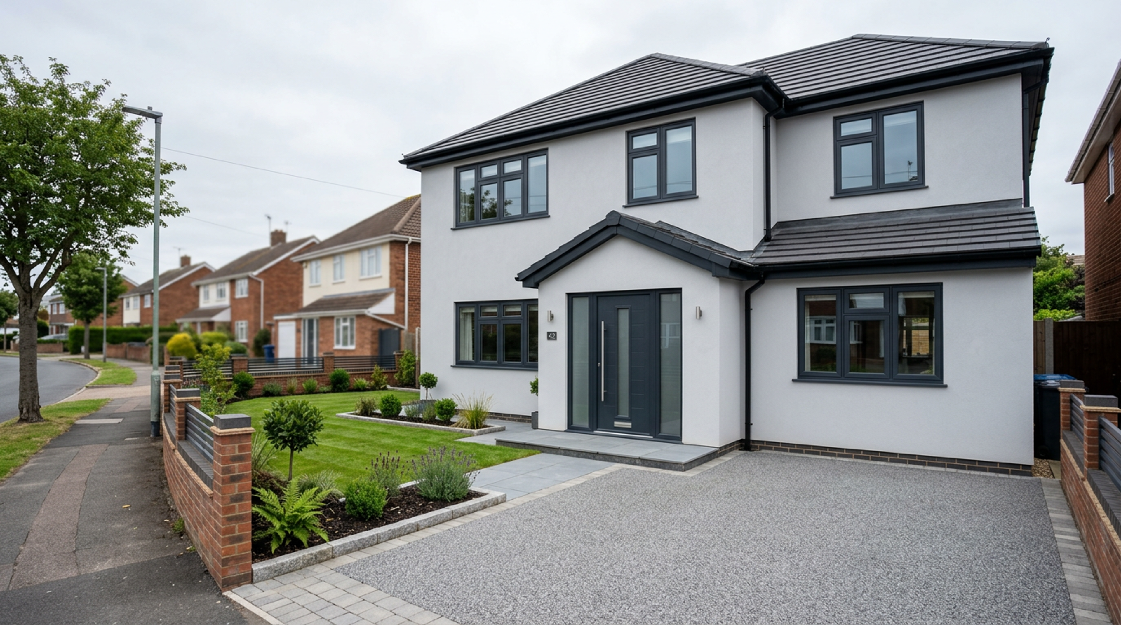 Exterior home renovation in Grays with refreshed render, new windows, and upgraded entrance