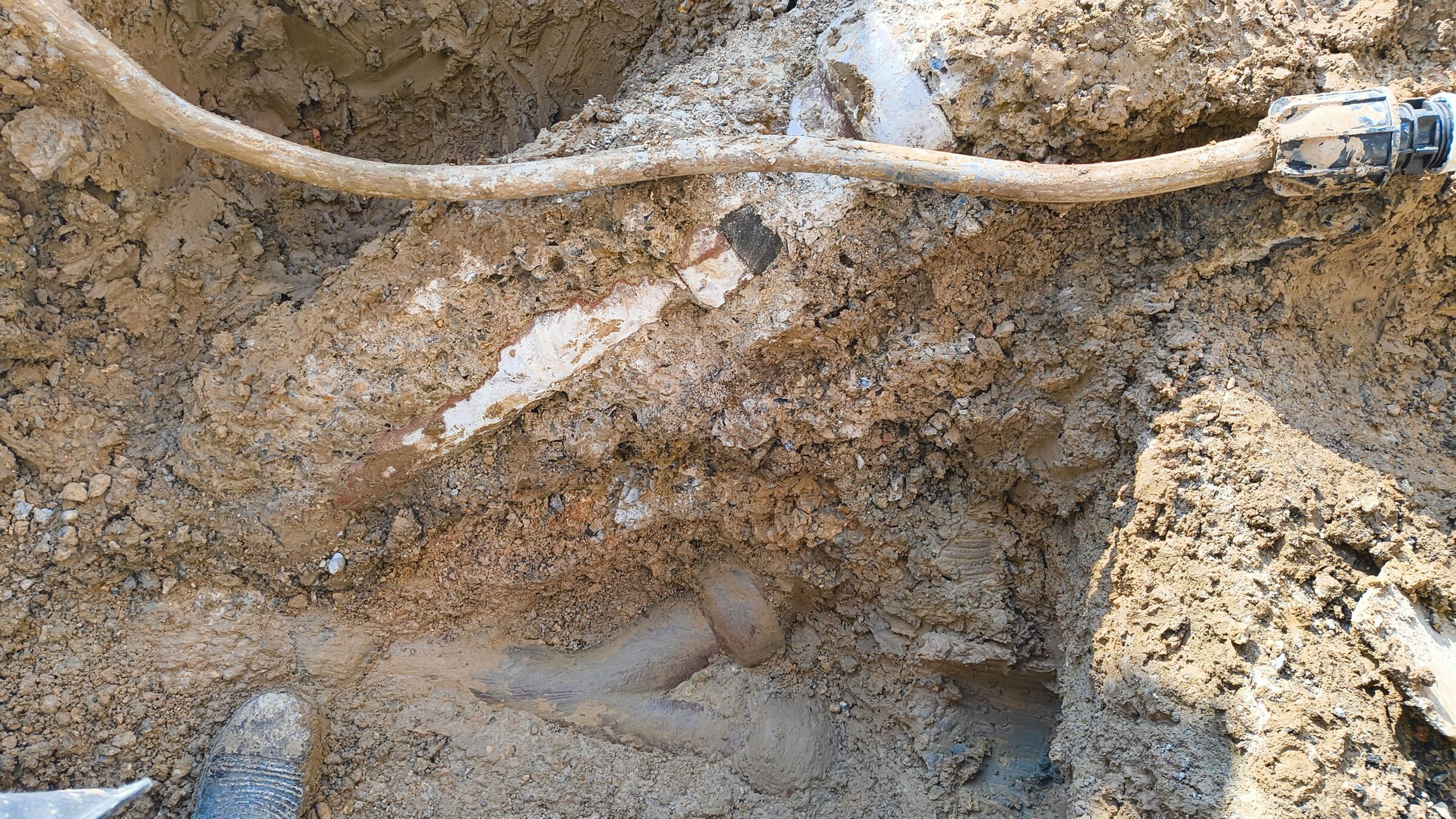 Service cable running through the clay face of the drainage trench.