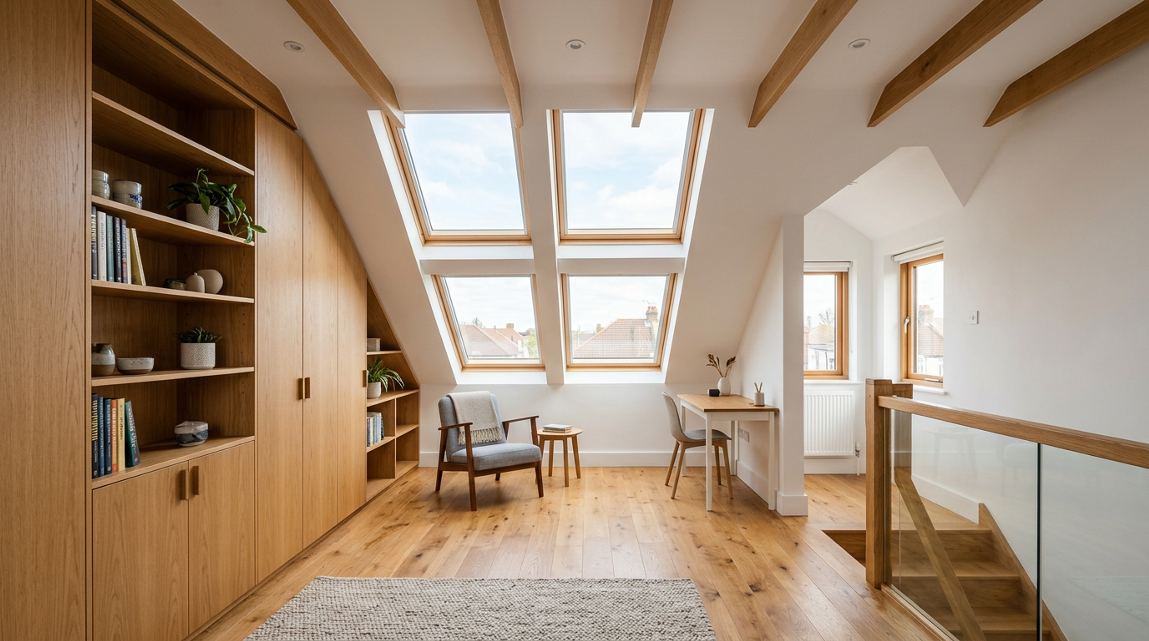 Finished loft conversion in Barkingside with skylights, timber accents, and built-in storage