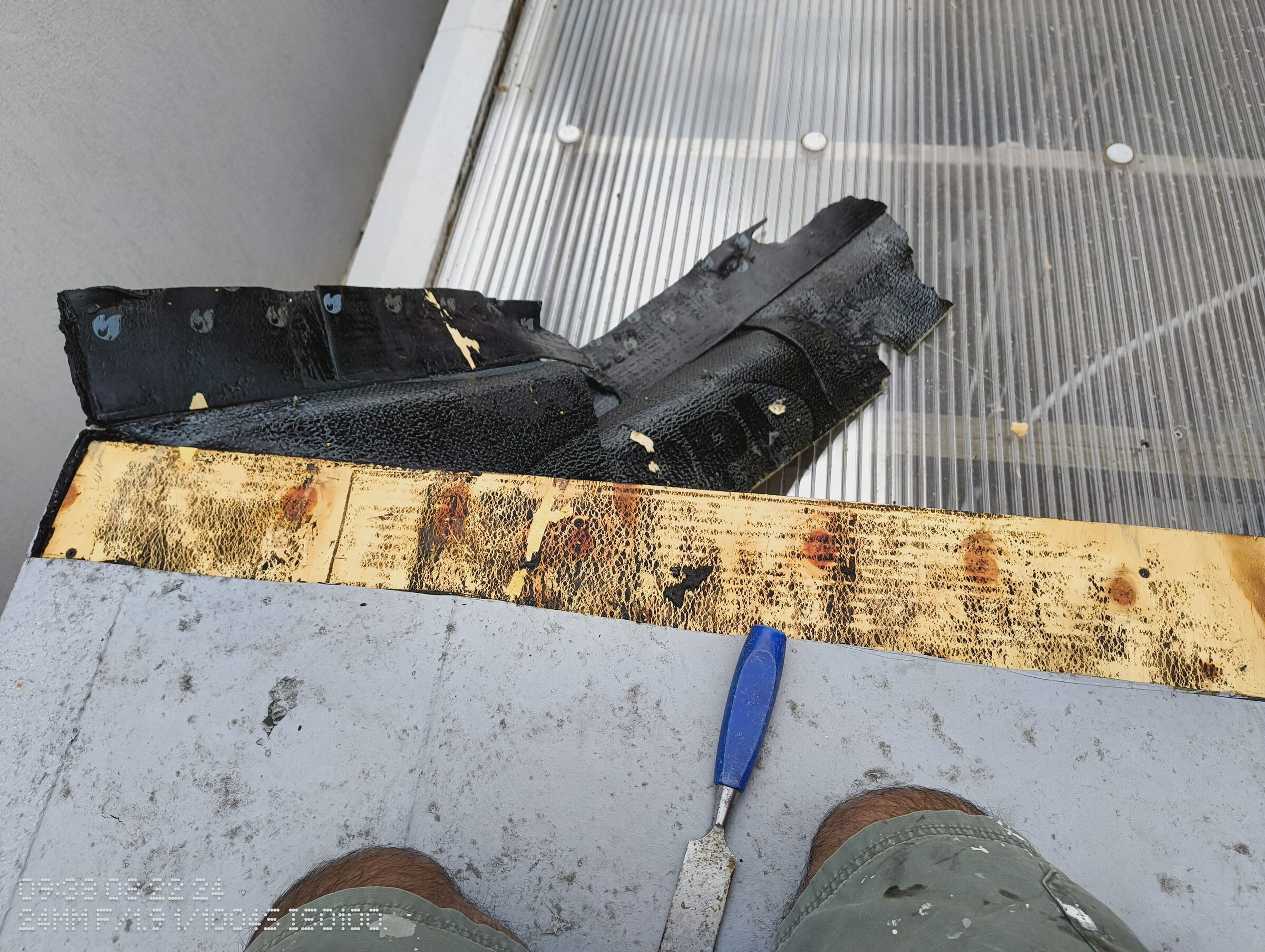 Felt roofing peeled back from the flat roof, exposing the timber deck beside the polycarbonate side-return roof.