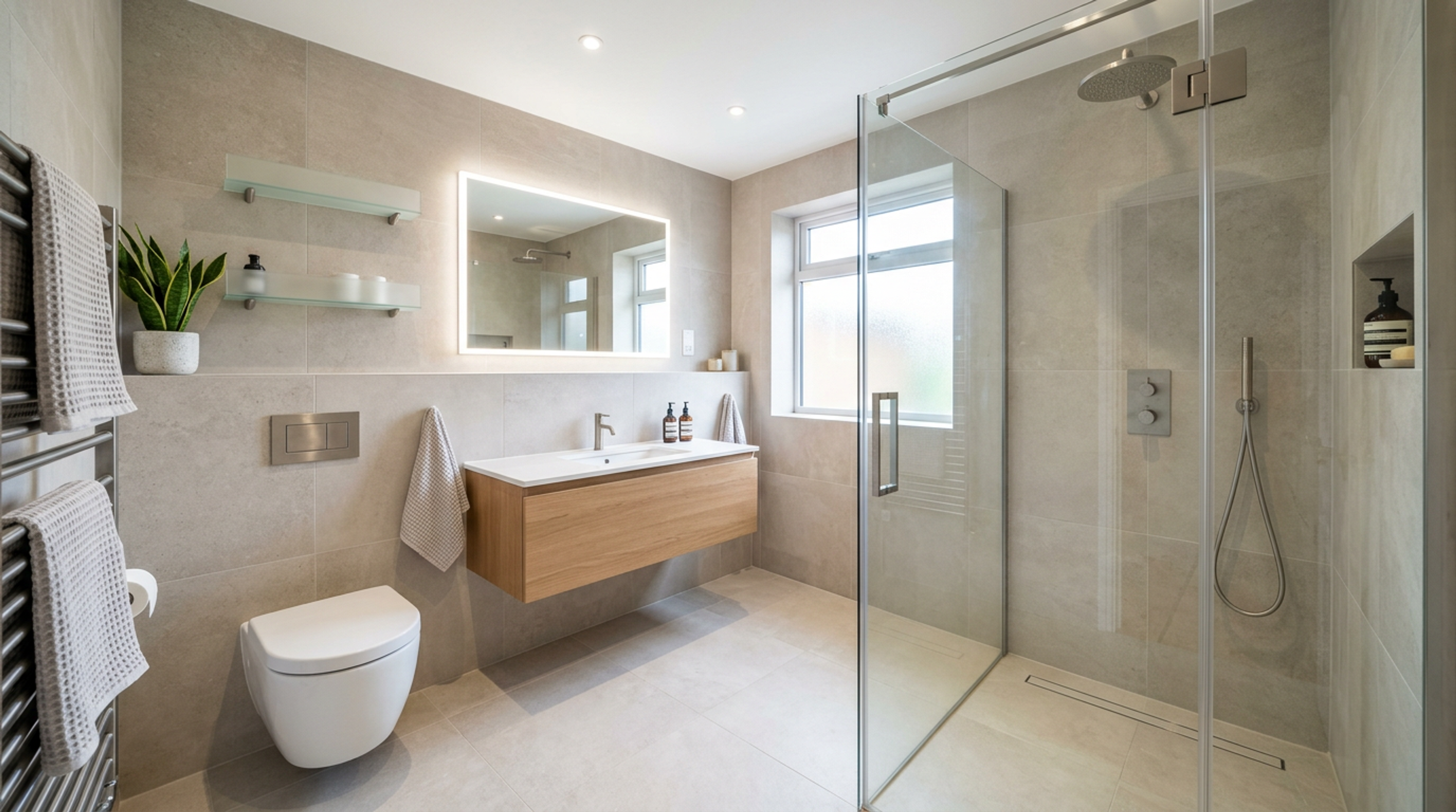 Bathroom renovation in Ilford with walk-in shower, neutral tiles, and floating vanity