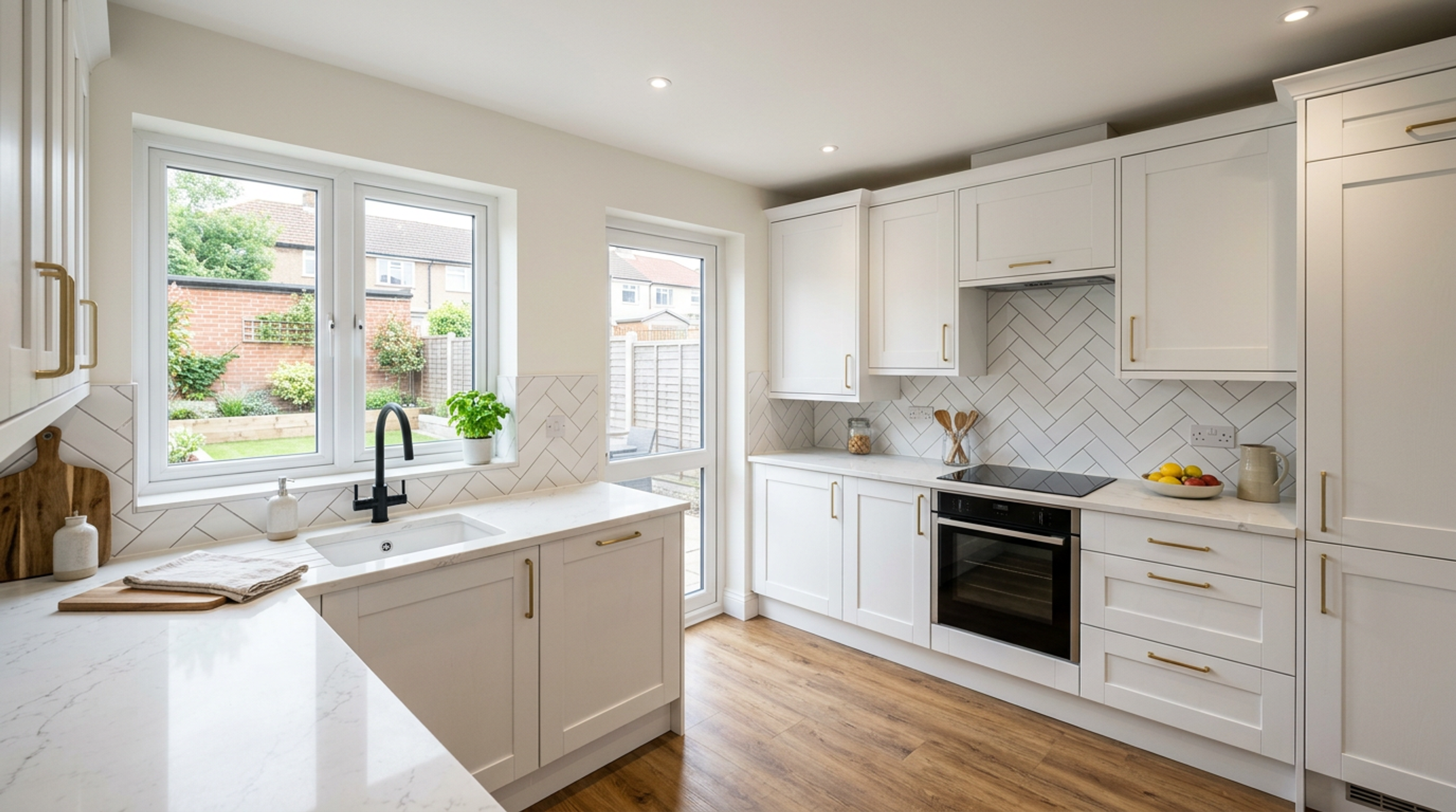 Modern Kitchen renovation in Barking with white cabinets, quartz worktop, and tiles splashback