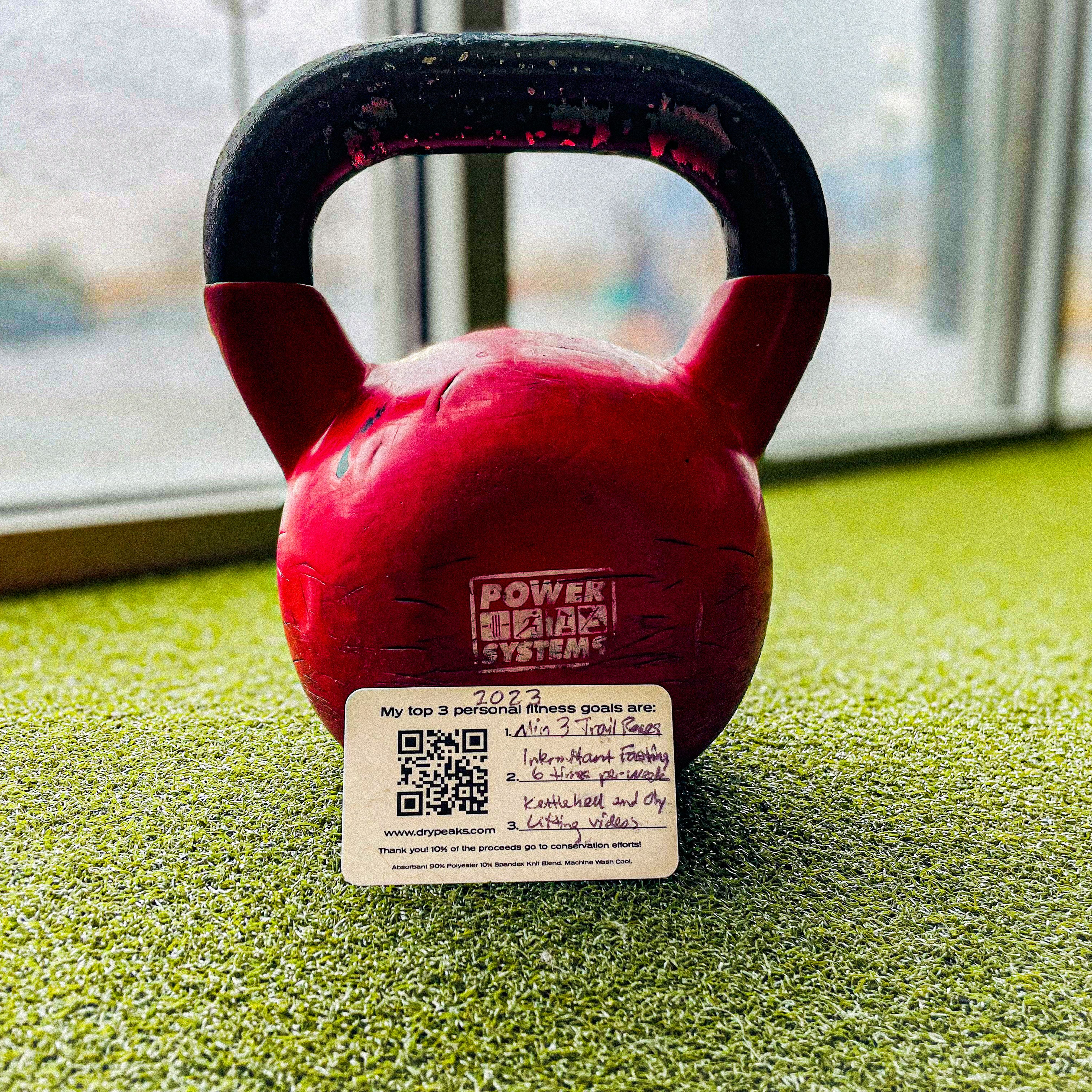 Kettlebell and Dry Peaks hang tag / goal card by Clark Newell