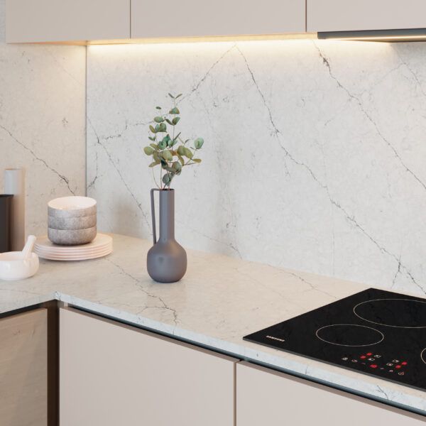 Purastone – Bianco Silver — el material en un ambiente
