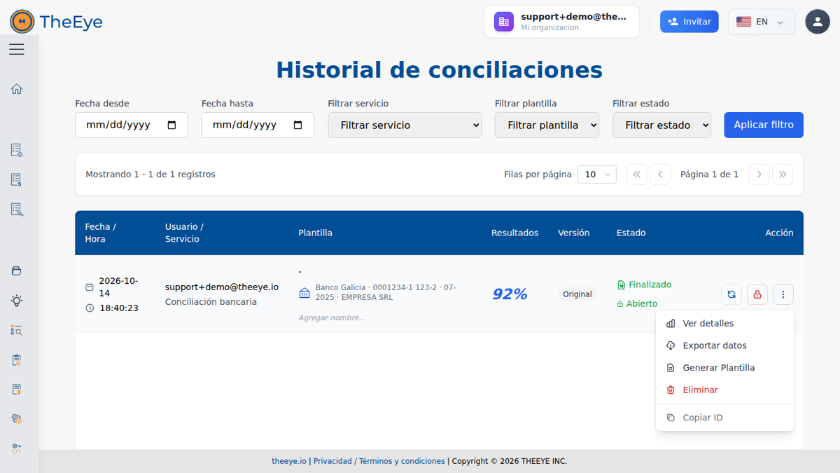 Menu de ações para ver detalhes ou exportar dados