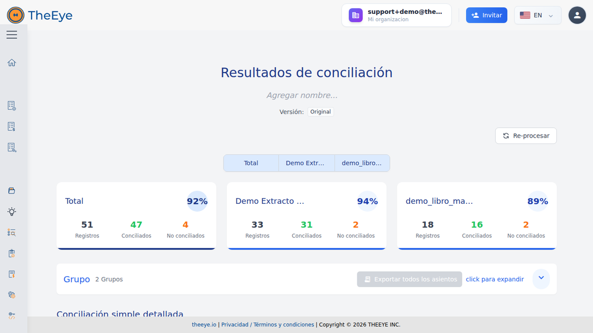 Visão detalhada de resultados da conciliação bancária