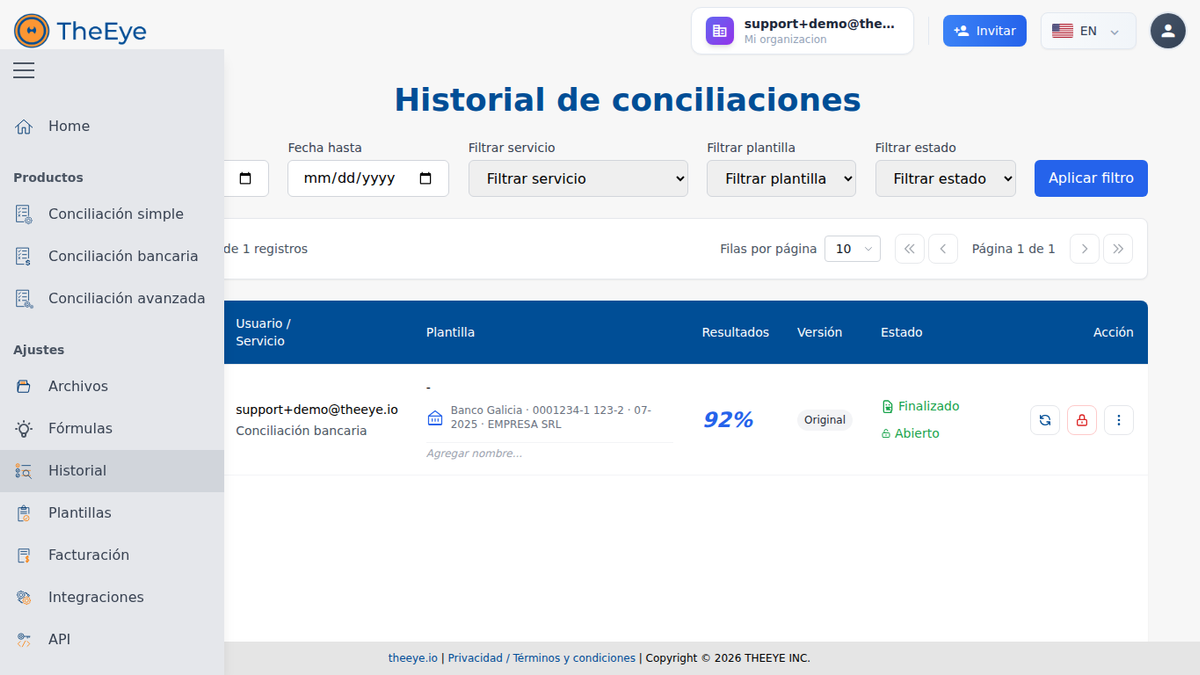 Tela de histórico de conciliações bancárias no Reconciliations de The Eye
