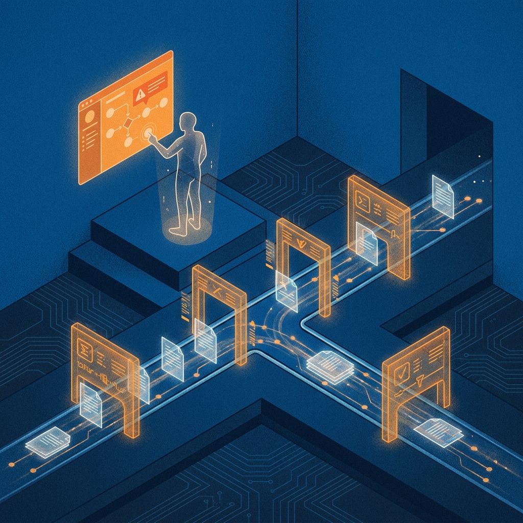 Ilustración isométrica que representa conceptualmente la automatización de aprobaciones mediante un flujo de datos estructurado y transparente con validación humana y trazabilidad digital.