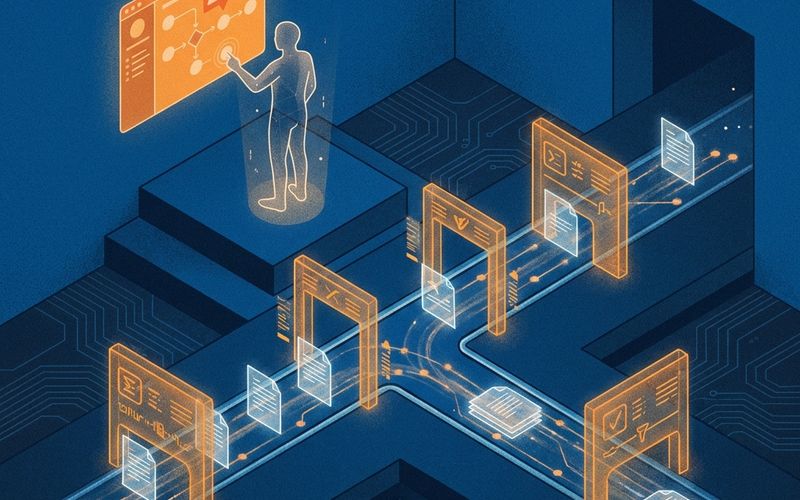 Ilustración isométrica que representa conceptualmente la automatización de aprobaciones mediante un flujo de datos estructurado y transparente con validación humana y trazabilidad digital.