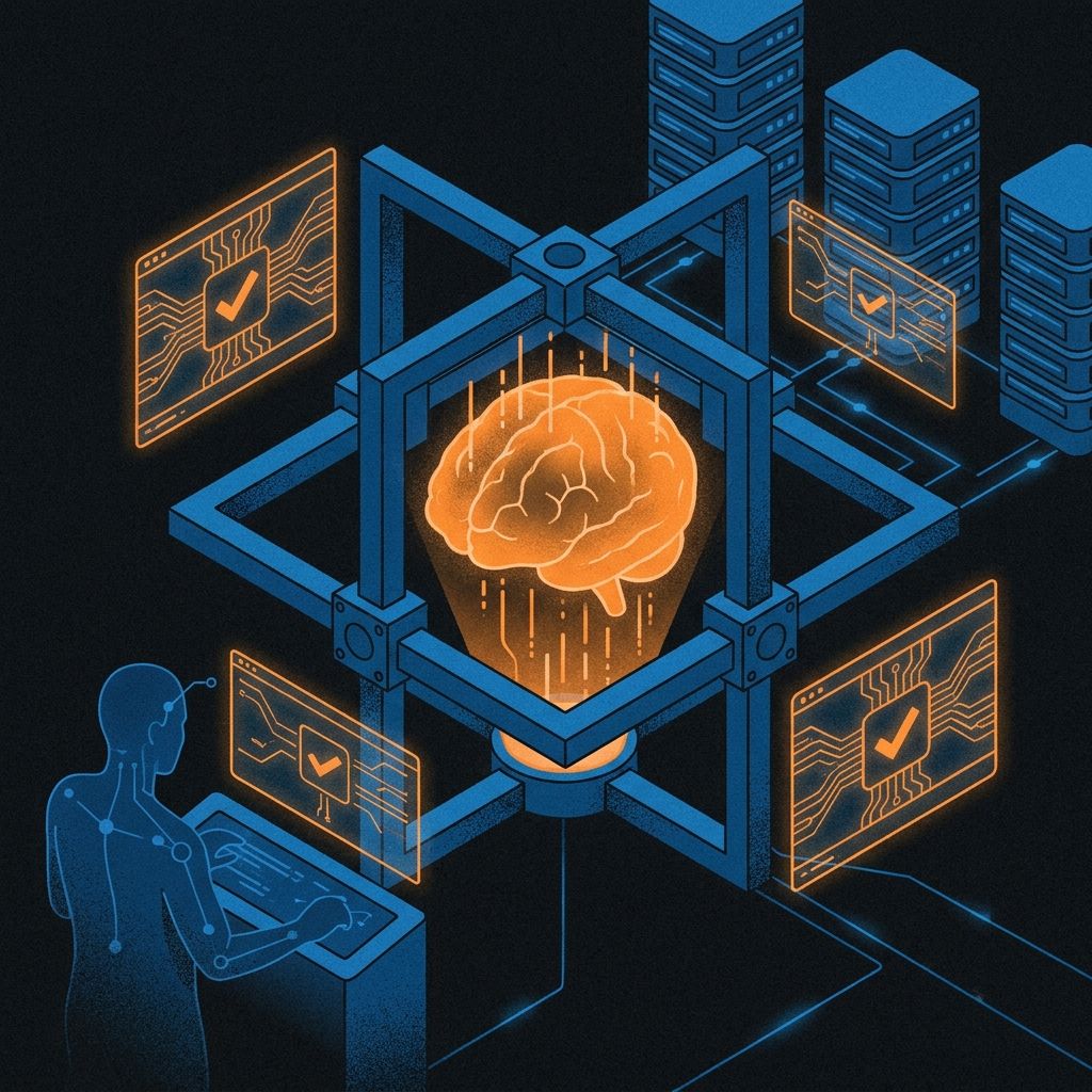 Ilustración conceptual de un harness de IA que canaliza y valida un modelo de lenguaje mediante una estructura de control hacia sistemas empresariales de backoffice.