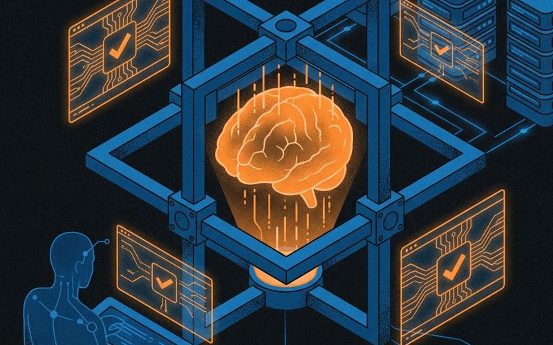 Ilustración conceptual de un harness de IA que canaliza y valida un modelo de lenguaje mediante una estructura de control hacia sistemas empresariales de backoffice.