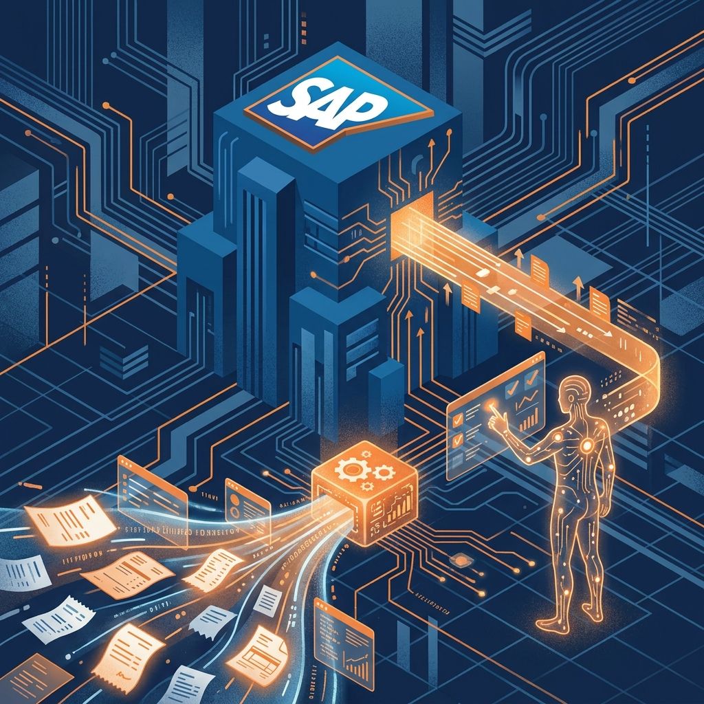 Representación visual metafórica de la captura e interpretación inteligente de facturas heterogéneas mediante DigitAI y su integración fluida en SAP con supervisión human-in-the-loop