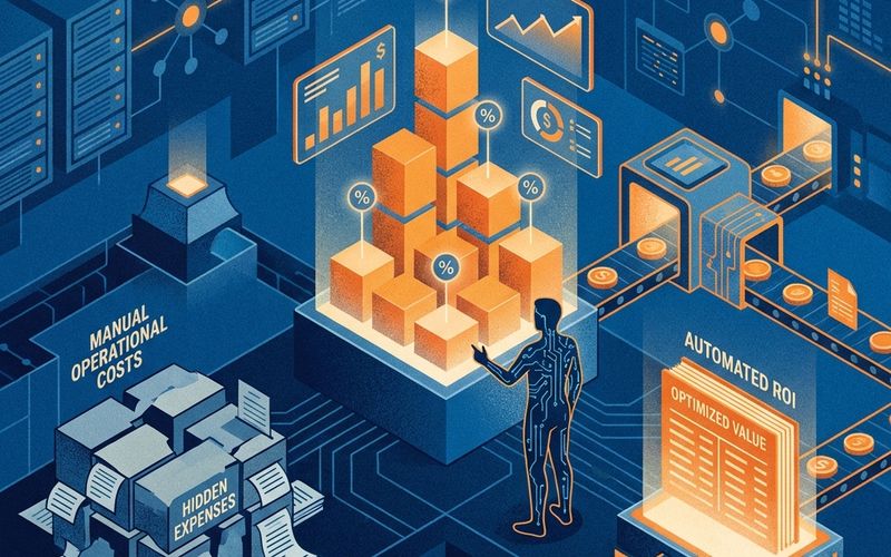 Ilustración conceptual isométrica que contrapone las ineficiencias del backoffice manual con un gráfico de barras holográfico ascendente que representa el ROI y la optimización financiera