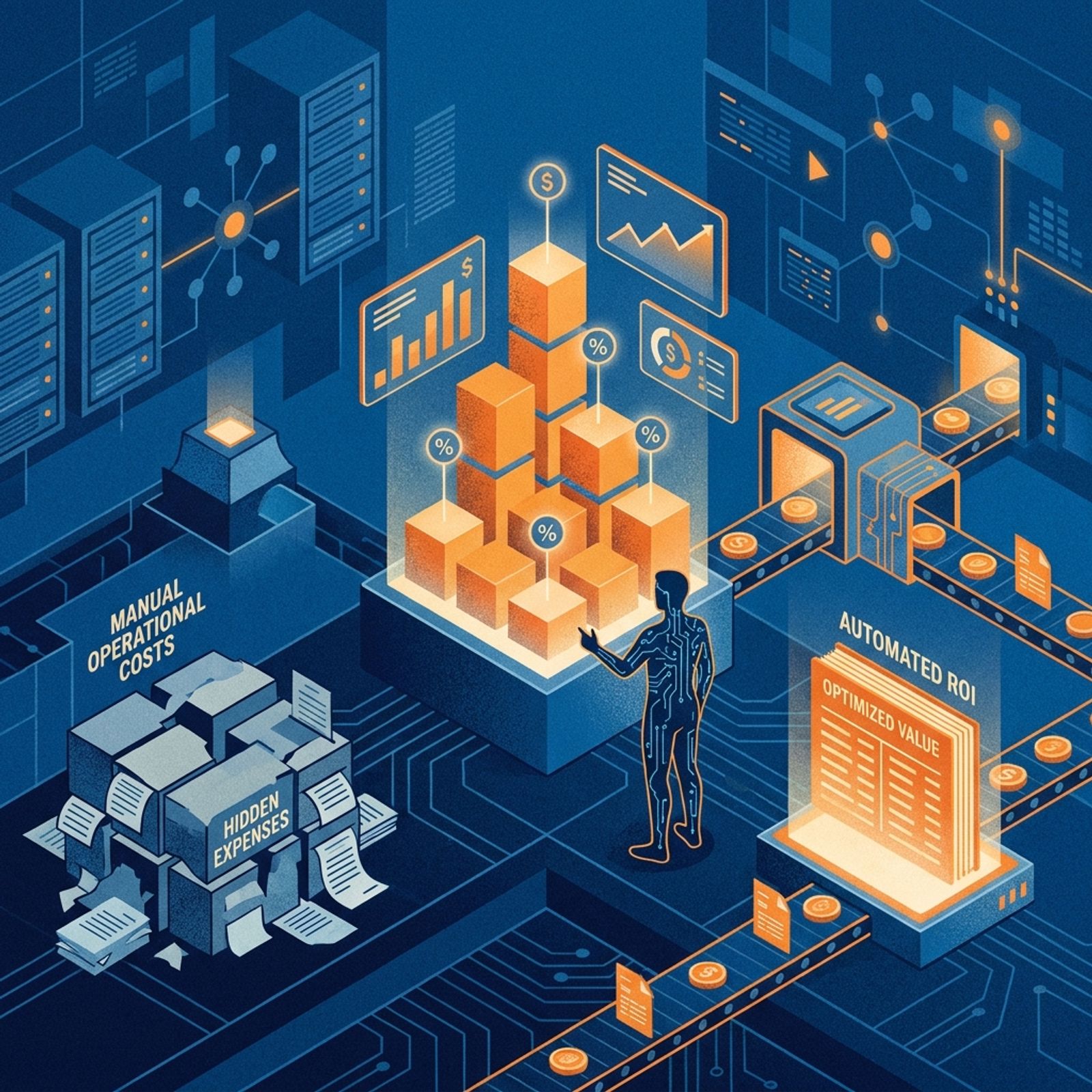 Ilustración conceptual isométrica que contrapone las ineficiencias del backoffice manual con un gráfico de barras holográfico ascendente que representa el ROI y la optimización financiera