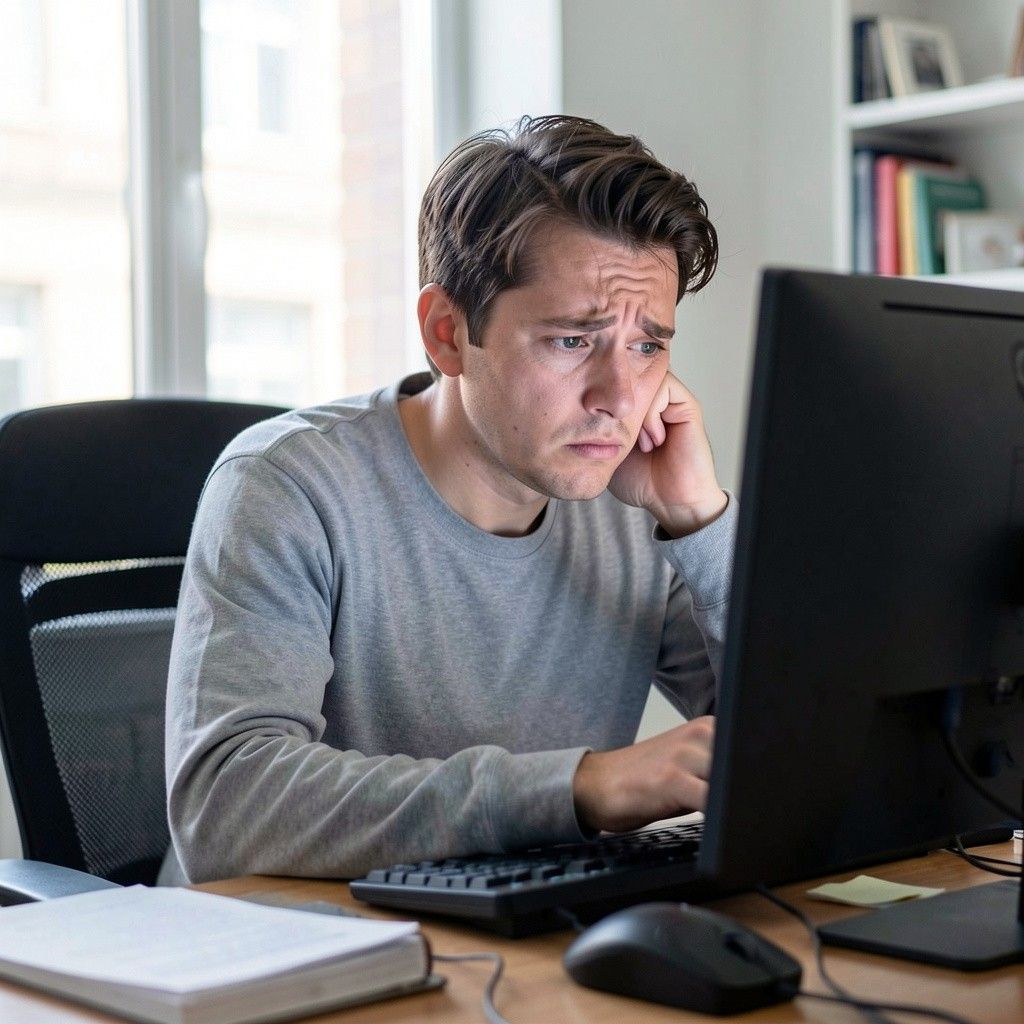 Upset man at a computer