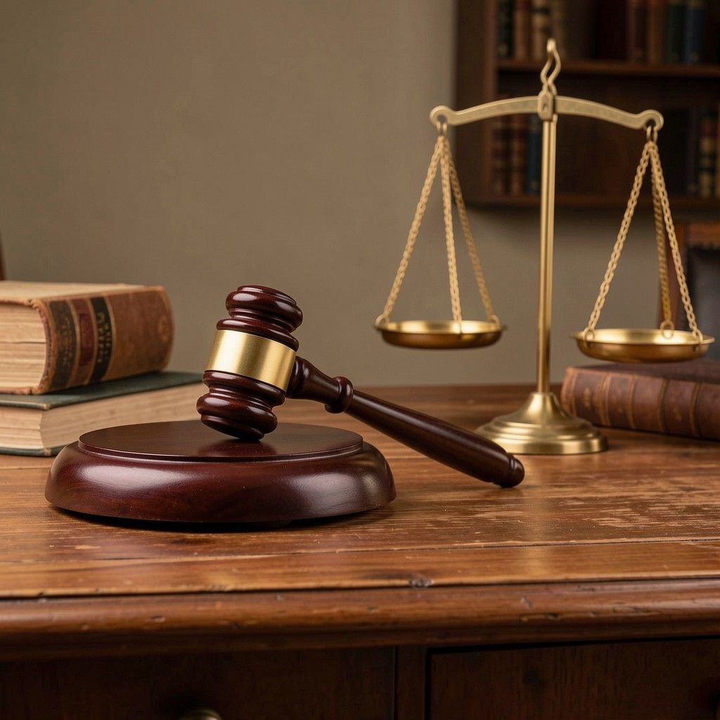 Book, gavel and scale on desk