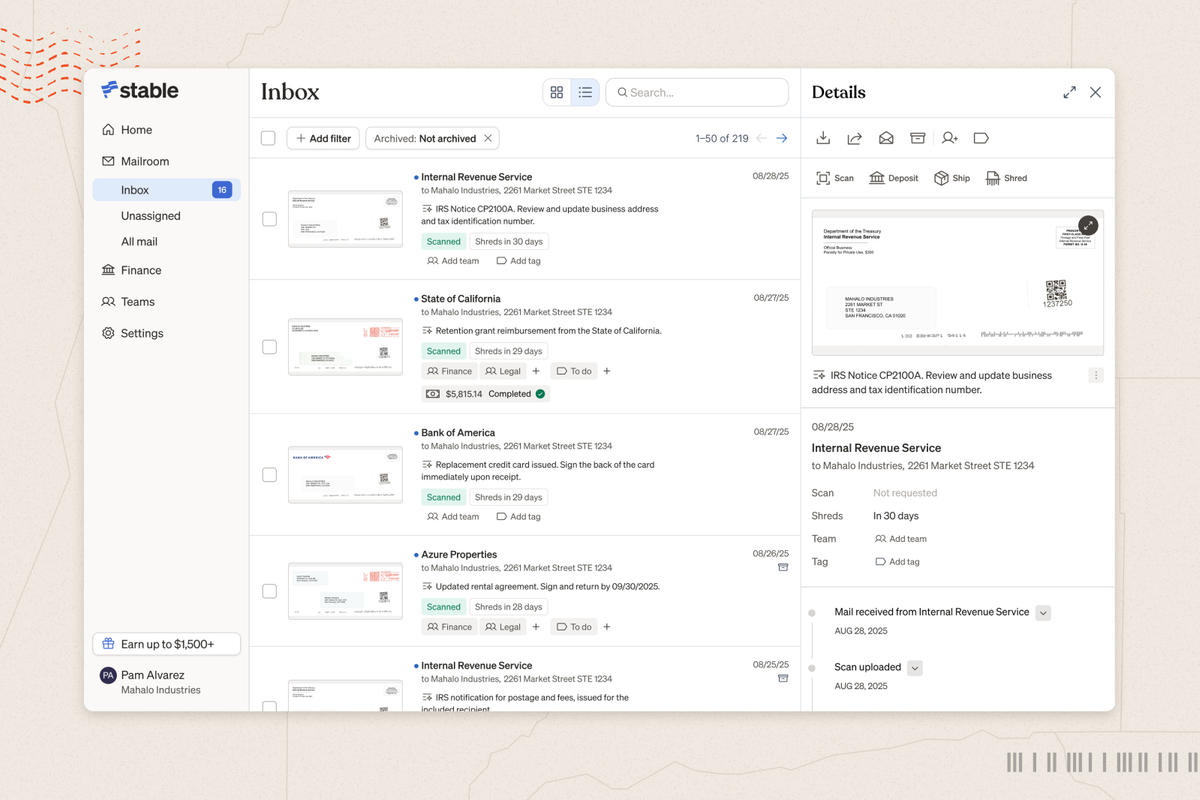 Example of a virtual mailbox dashboard showing scanned business mail and automation options.