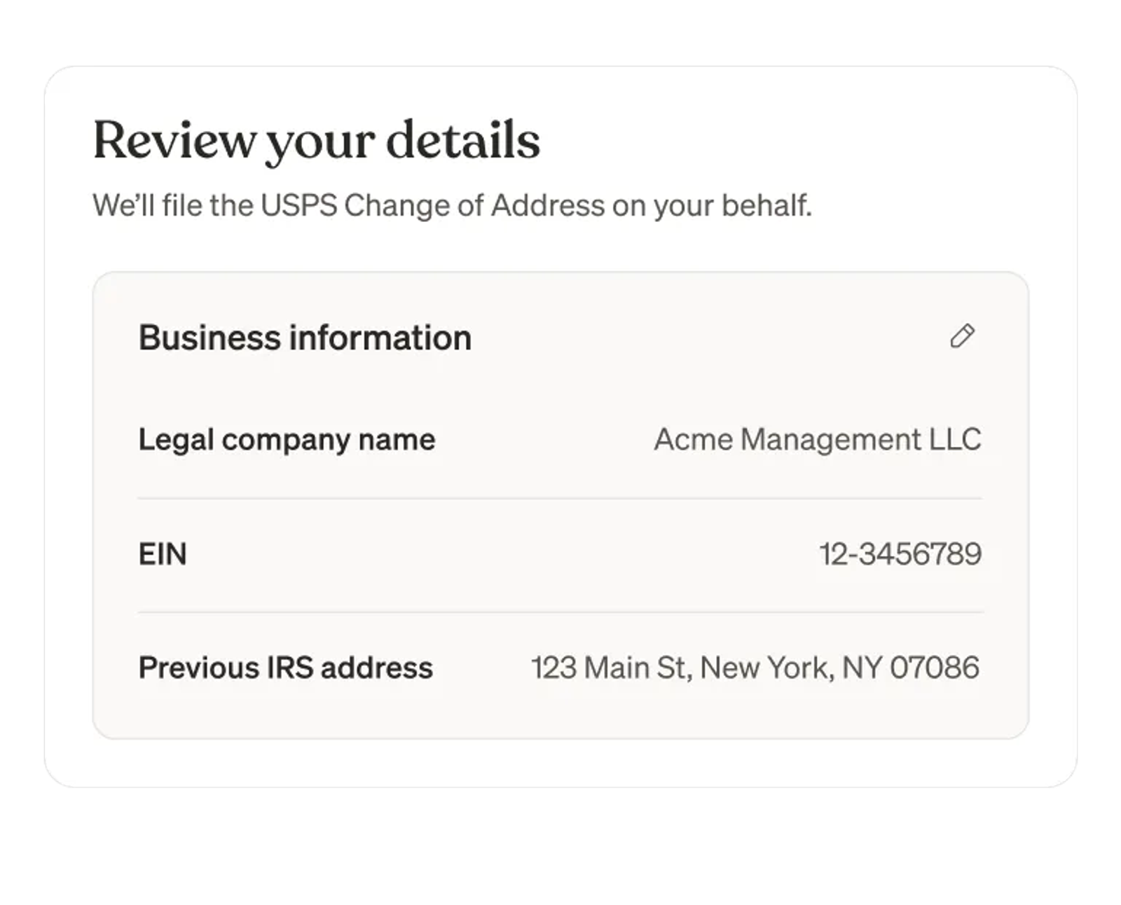 Stable platform showing pre-filled business information form for USPS change of address submission