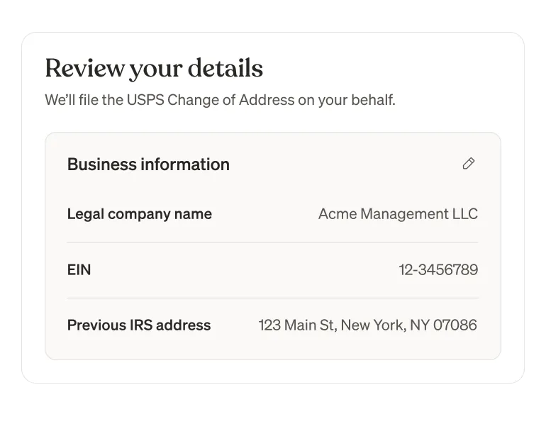 Stable platform showing pre-filled business information form for USPS change of address submission