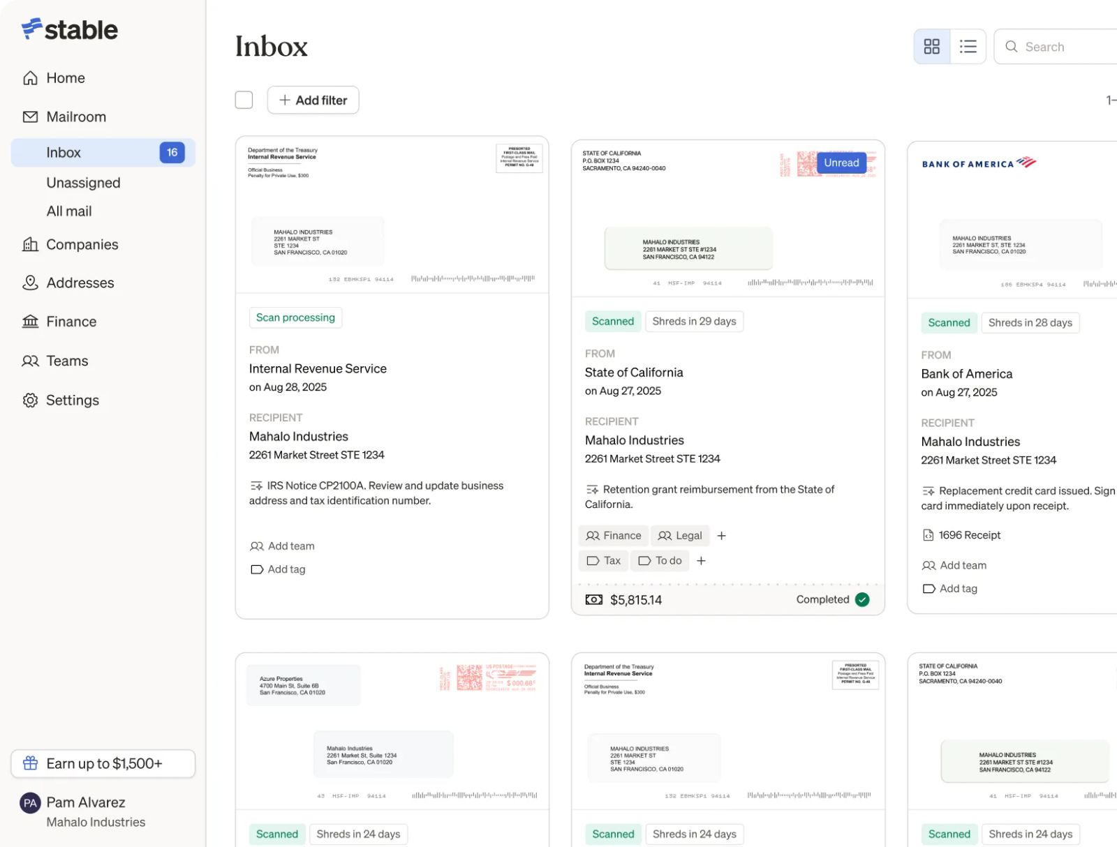 Stable Dashboard mailroom inbox showing scanned mail items