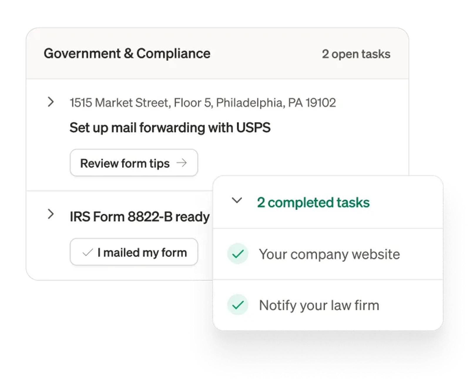 Stable change of address checklist showing completed government and compliance tasks including USPS mail forwarding and IRS form submission