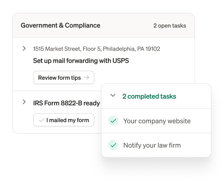 Stable change of address checklist showing completed government and compliance tasks including USPS mail forwarding and IRS form submission