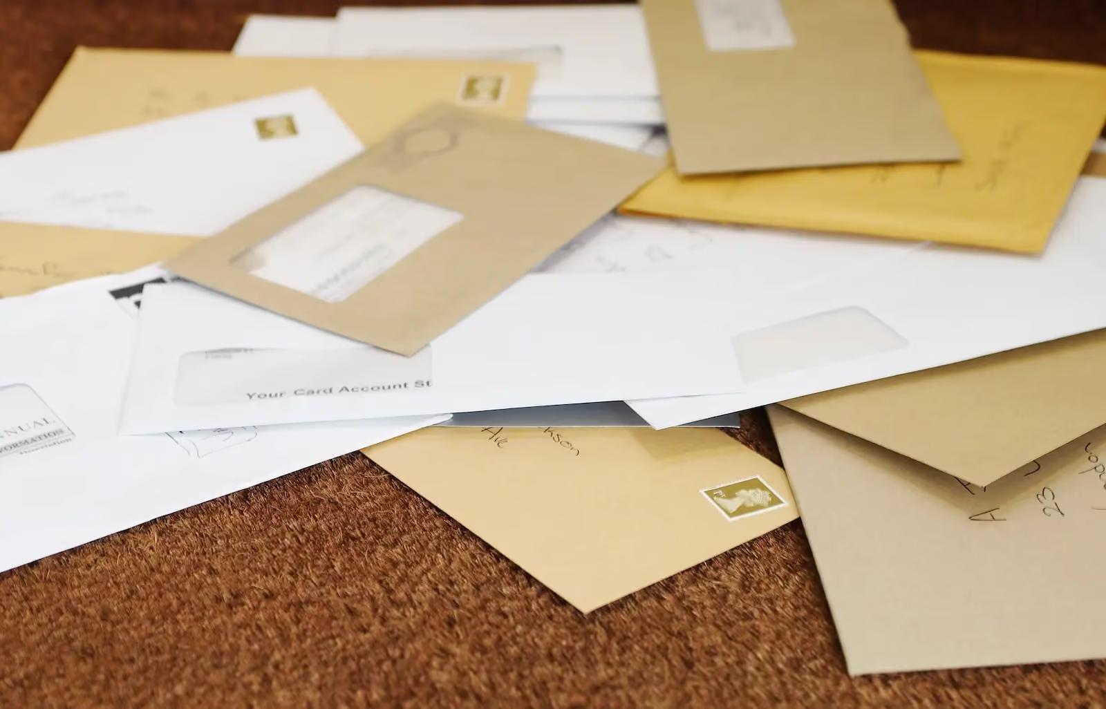 Pile of business mail envelopes representing the need for a virtual mailbox service