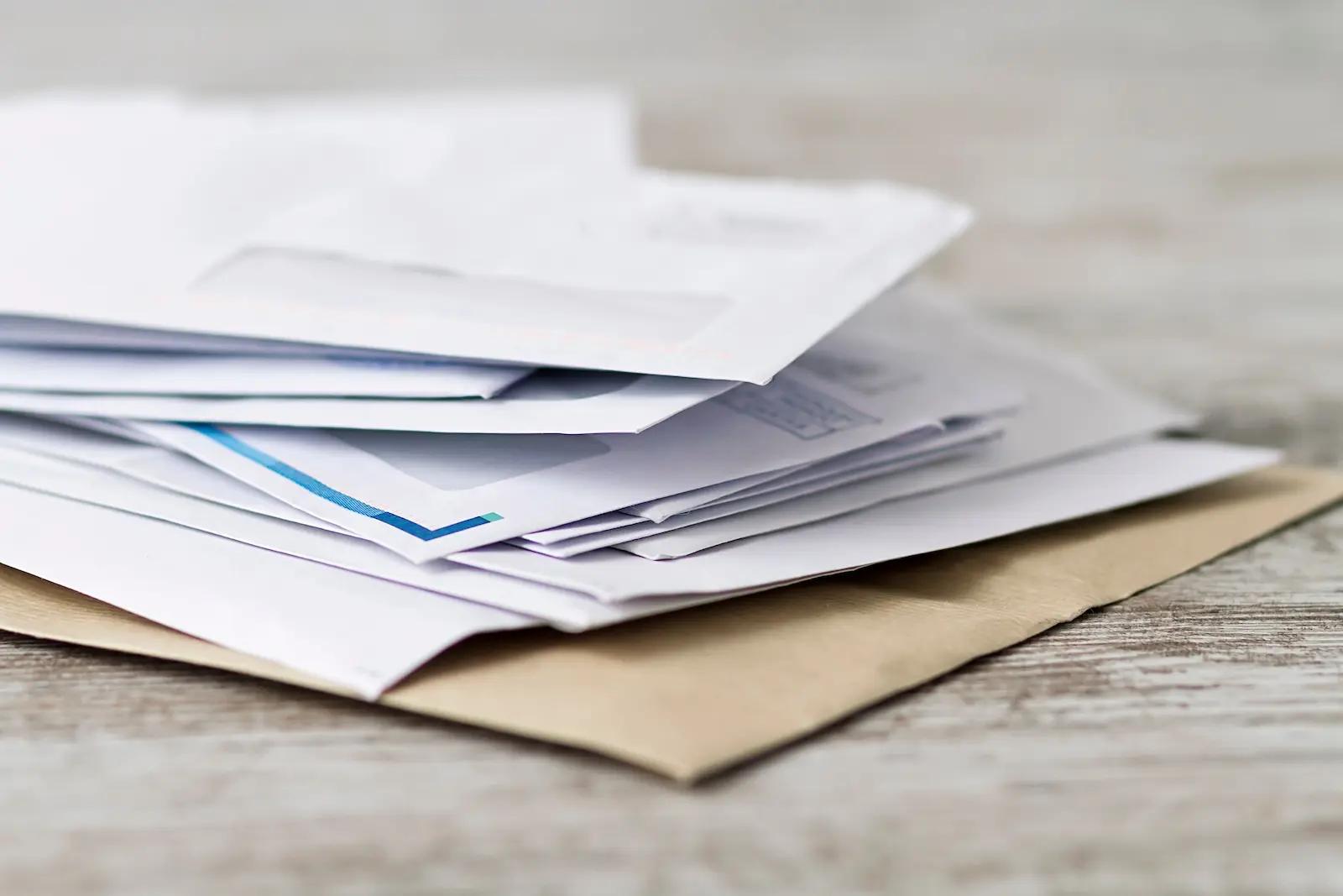 Stack of unopened business mail envelopes on a desk — missed legal notices can lead to default judgments and compliance penalties