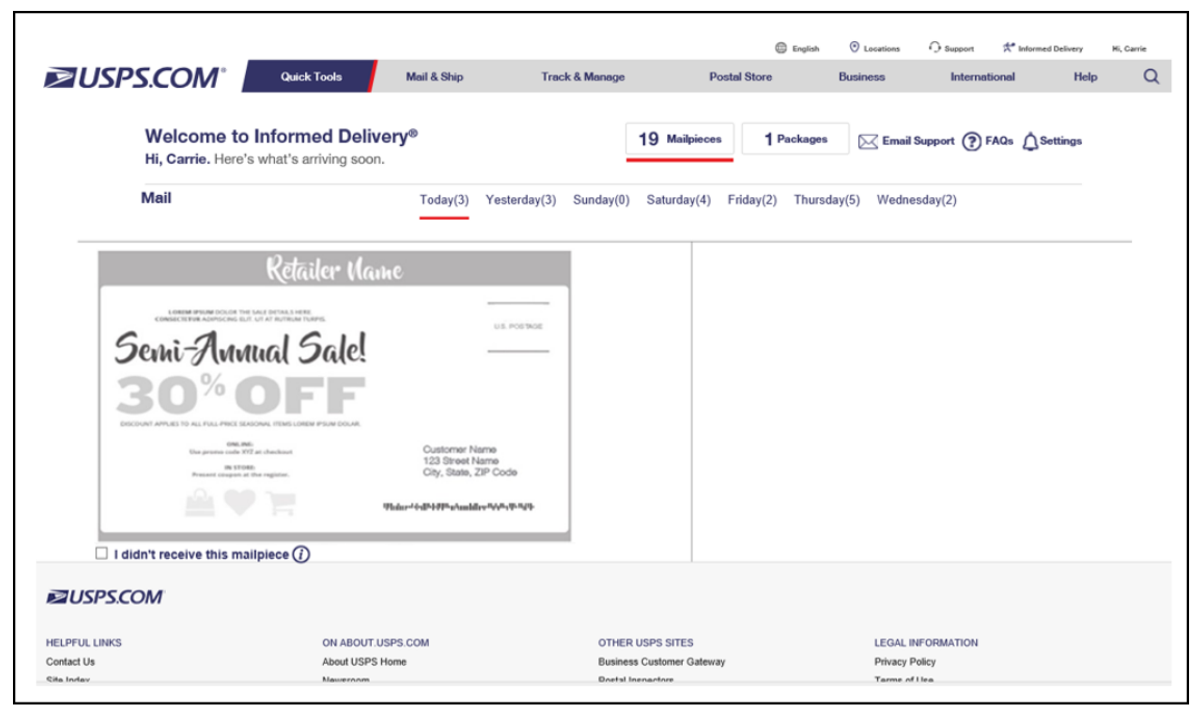 Preview of USPS informed delivery dashboard