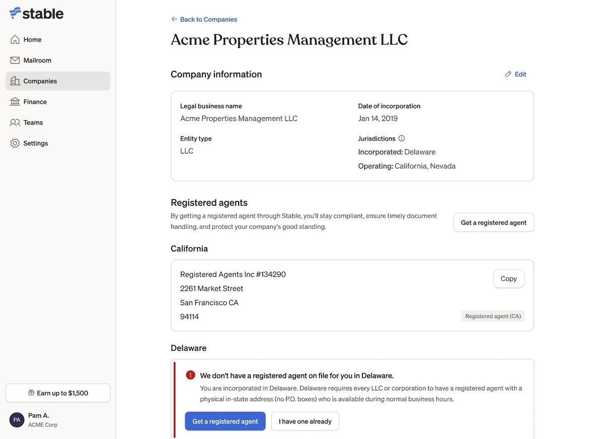 Stable dashboard showing company information and registered agent status, with a warning that a Delaware registered agent is missing and could impact compliance.