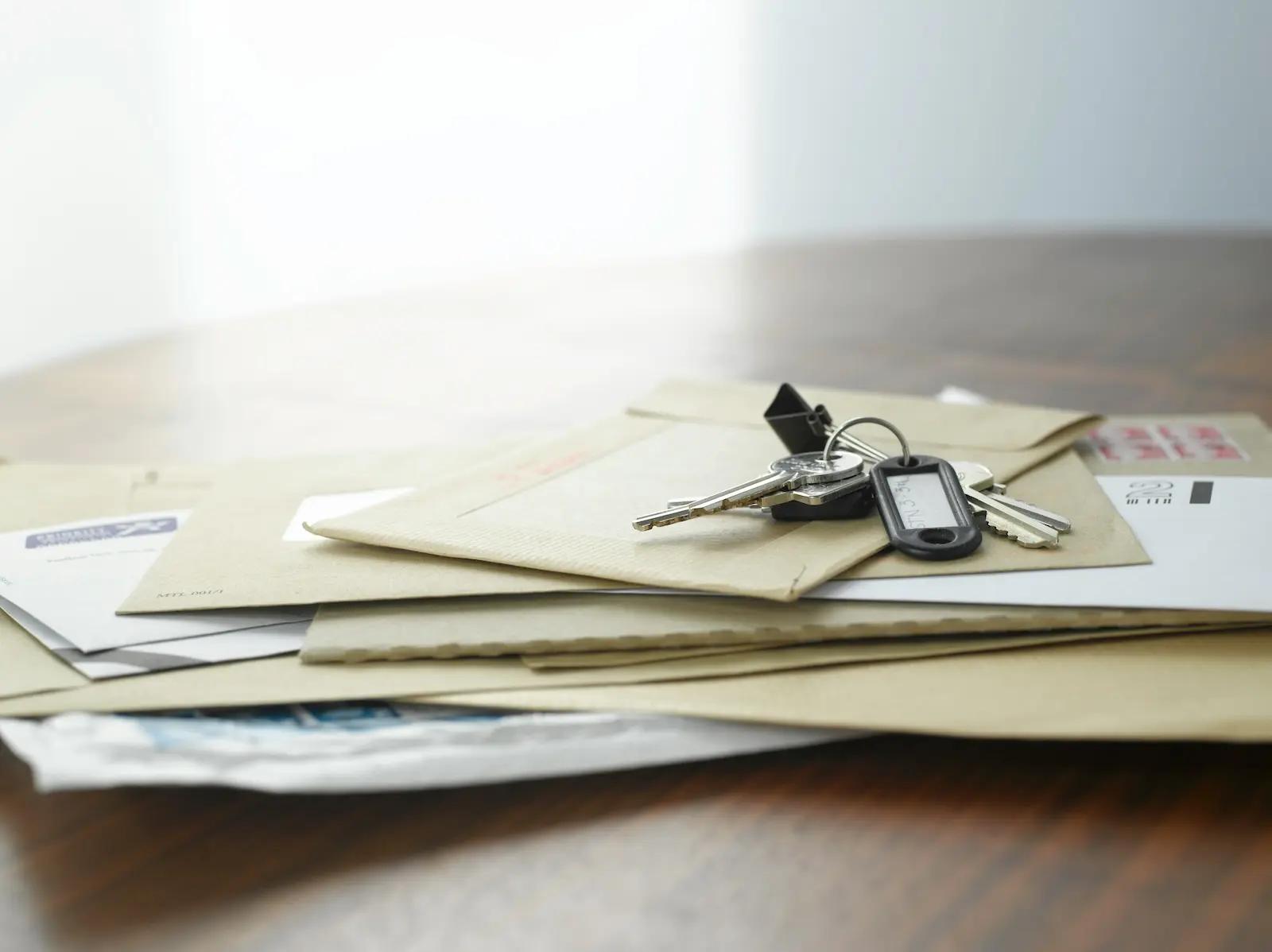 Stack of forwarded mail envelopes with house keys, representing a mail forwarding service for digital nomads