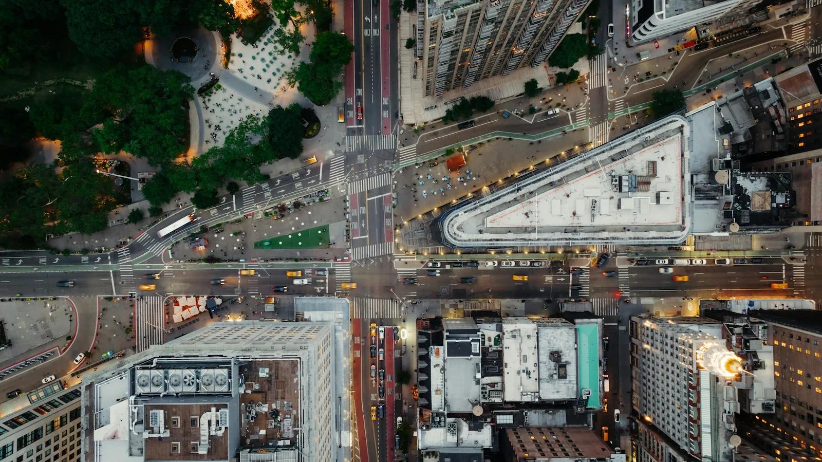 Aerial view of a busy New York City intersection at dusk, representing a premium virtual business address location