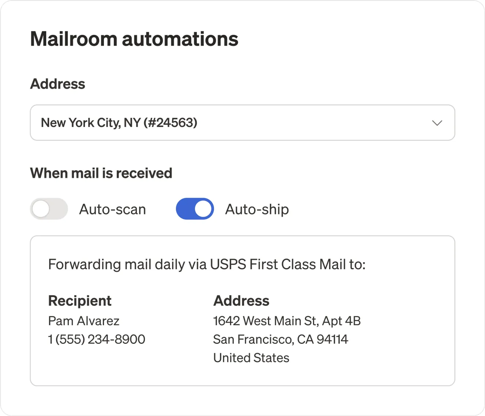 Stable Dashboard showing a mail item being forwarded to a designated address