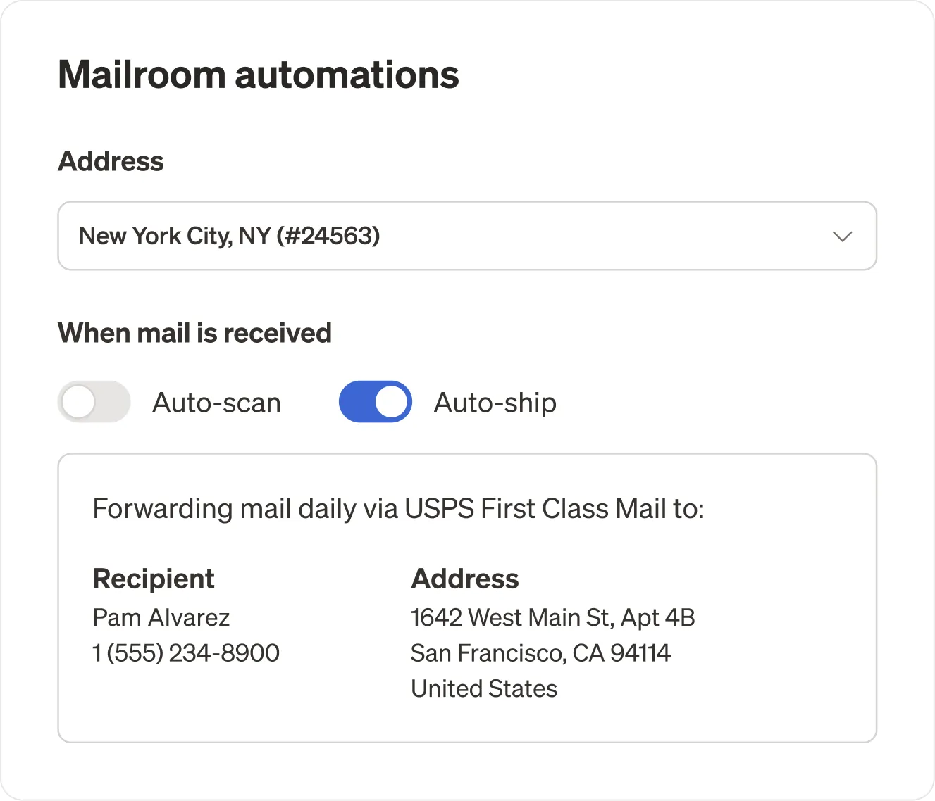 Stable Dashboard showing a mail item being forwarded to a designated address