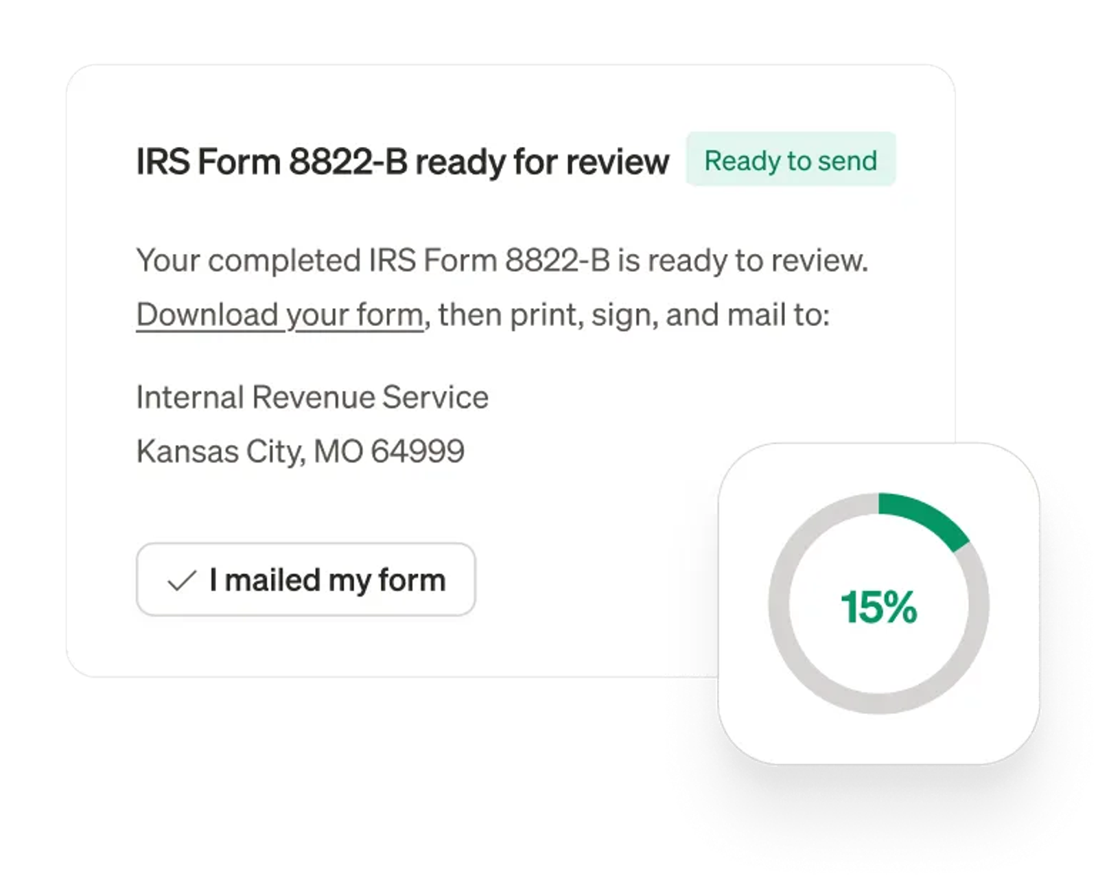 Stable dashboard showing IRS Form 8822-B ready to send with step-by-step progress tracking at 15% complete