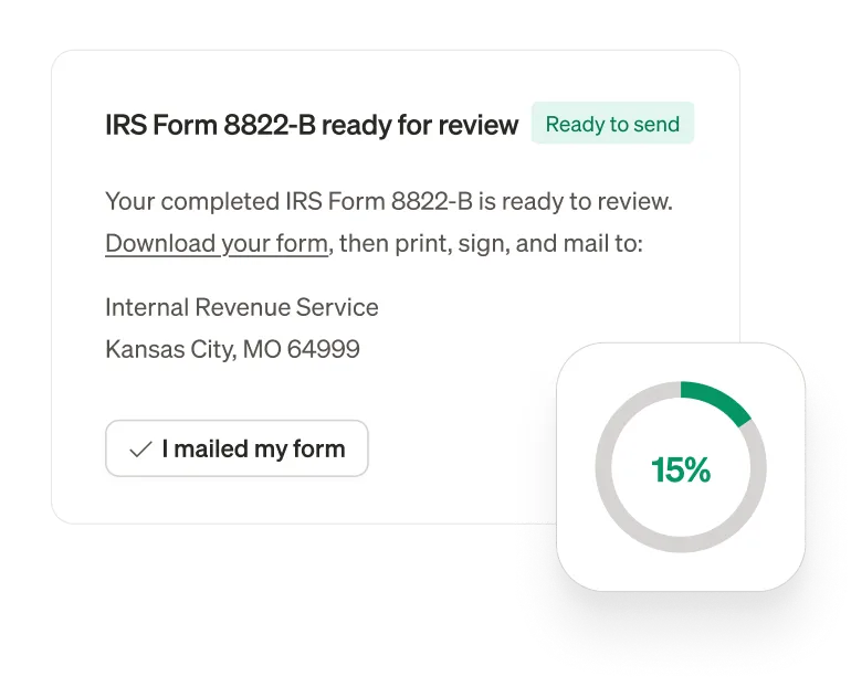 Stable dashboard showing IRS Form 8822-B ready to send with step-by-step progress tracking at 15% complete
